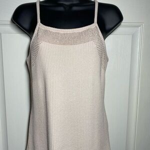 Vocal Cream Ribbed Knit Spaghetti Strap Camisole with Rose-gold colored bling